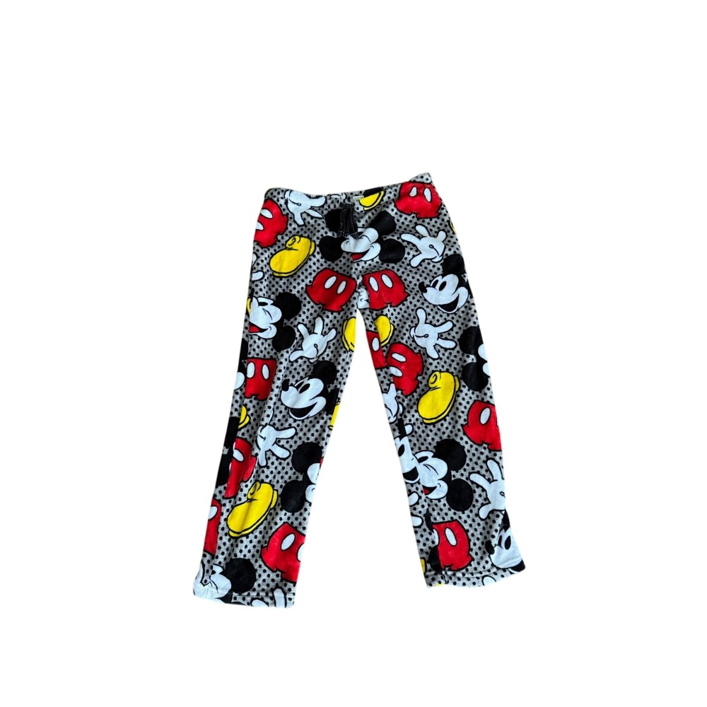 Disney Mickey Mouse Pajama Pants Plush Fleece Grey Polka Dot Kids Large 12-14